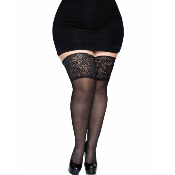 LEG AVENUE - MEDIAS NEGRAS AUTOADHESIVAS CON ENCAJE ANCHO PLUS SIZE - Imagen 3
